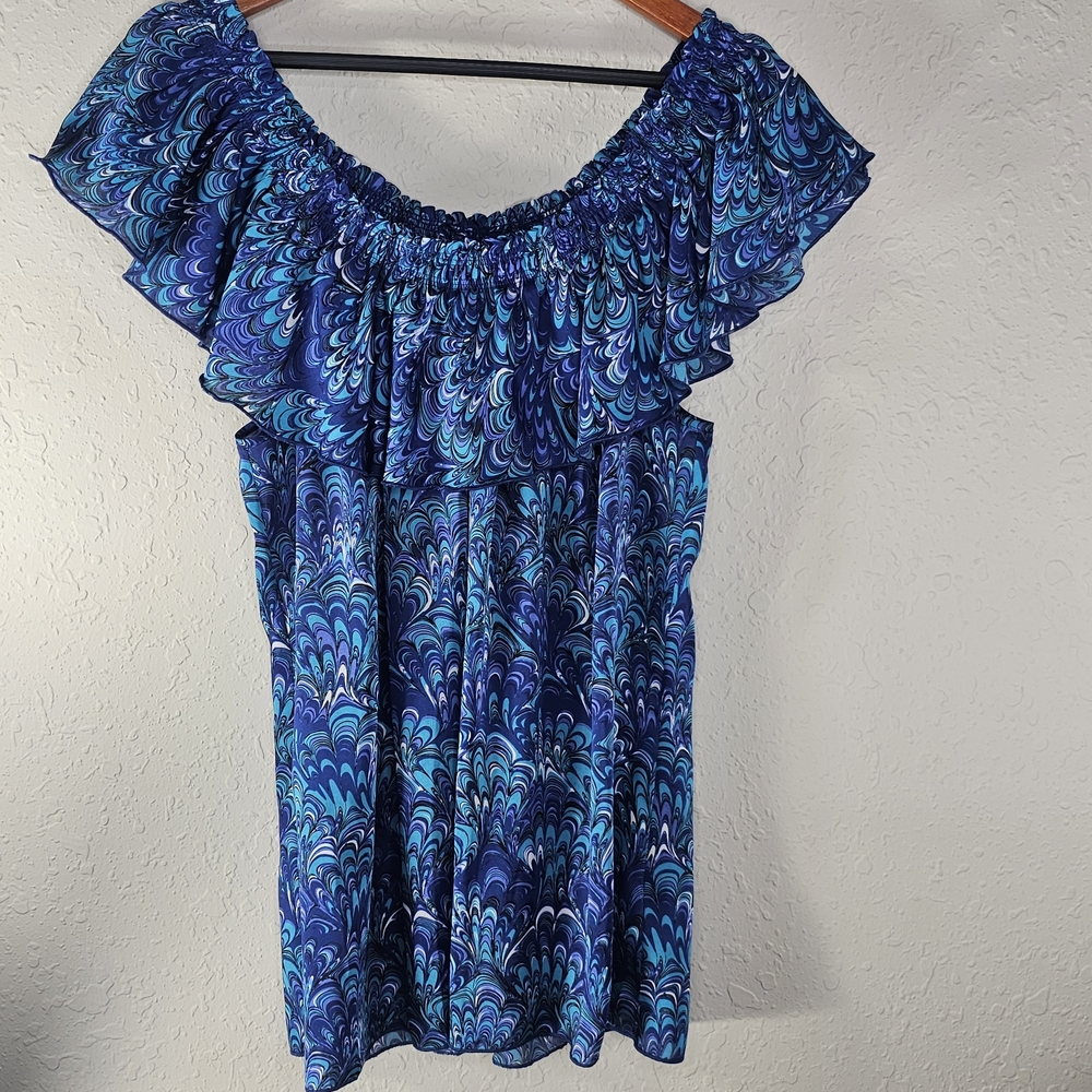 🔥Michael Kors Peacock Print Blue Ruffle Sleeveless Off-Shoulder Light Top Large
